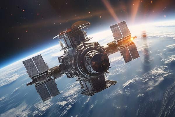 Satellit mit ausgeklappten Solarpaneelen im Erdorbit über der Erdatmosphäre