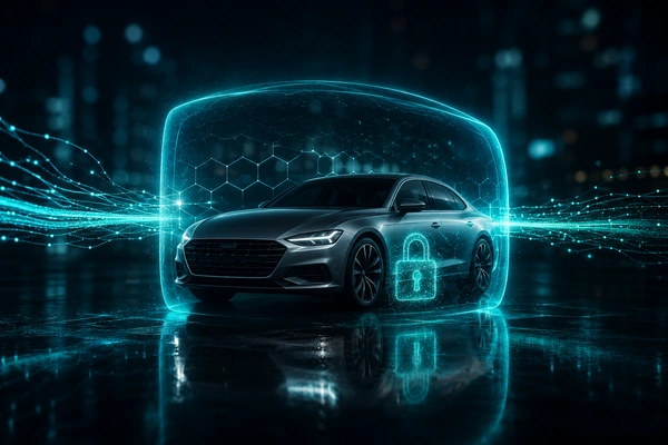 Vernetztes Fahrzeug mit Schutzschild-Symbolik – Safety und Cybersecurity
