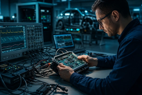 Ingenieur prüft Fahrzeug-Steuergerät im Entwicklungslabor – Test und Verifikation