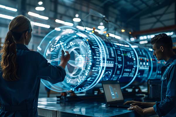 Zwei Ingenieure betrachten ein holografisches Avionik-Systemmodell im Hangar