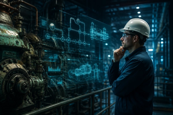 Ingenieur analysiert Prozesse und Digitalisierungs-Roadmap am Bildschirm in der Fabrik