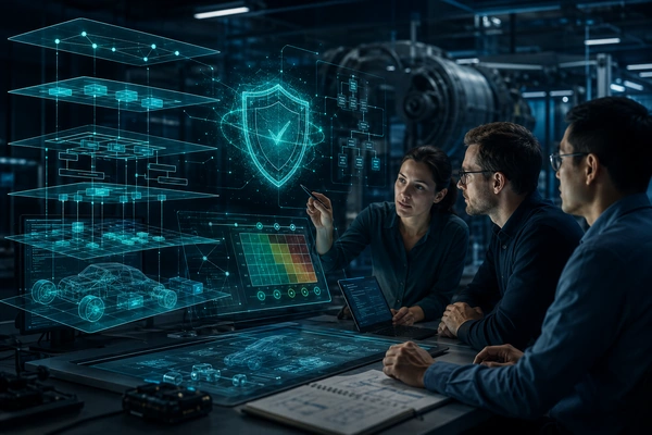 Ingenieure bei Gefährdungs- und Risikoanalyse eines sicherheitskritischen Systems – Funktionale Sicherheit aus einer Hand