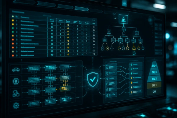 Safety-Konzept mit SIL-Einstufung, FMEA und Fehlerbaumanalyse auf dem Bildschirm – systematisch entworfene Sicherheit