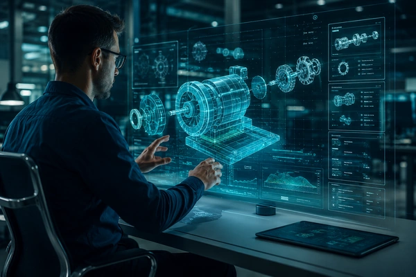 Ingenieur arbeitet mit 3D-CAD-Modell und digitalem Zwilling einer Maschine am Bildschirm