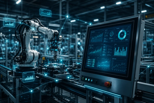 Industrielle Produktionslinie mit Roboterzelle und Echtzeit-Dashboard – vernetzte Automation