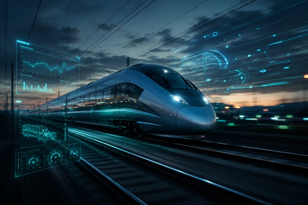Moderner Zug in Bewegung mit visualisierten Fahrzeug- und Diagnosedaten – Bahnfahrzeug-Software