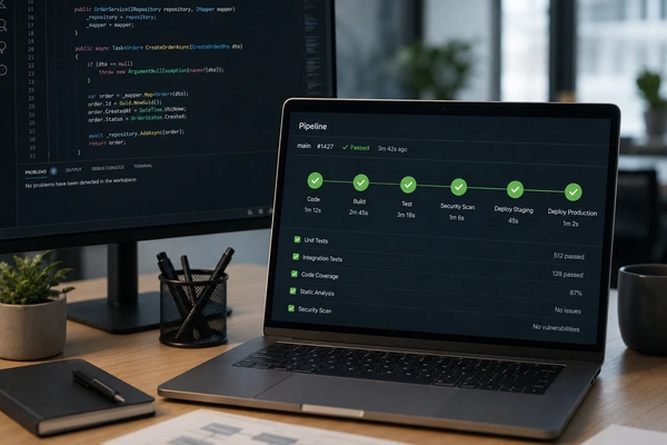 CI/CD-Pipeline mit erfolgreichen automatisierten Tests, Codeanalyse und Security-Checks zur kontinuierlichen Qualitätssicherung in der Softwareentwicklung