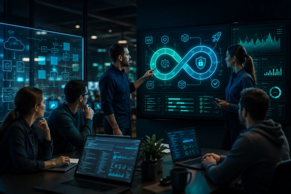 DevOps-Team an kollaborativen Boards mit Security- und Monitoring-Visualisierung – DevSecOps-Kultur