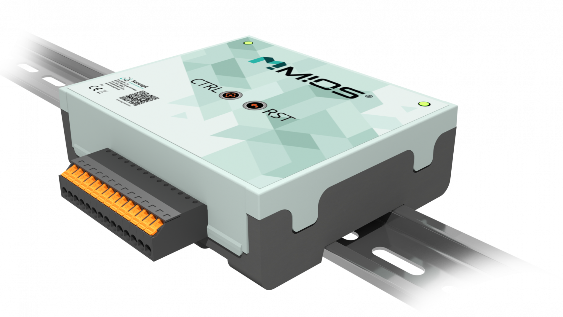 M!OS-Gerät auf einer Hutschine schräg oben fotografiert.