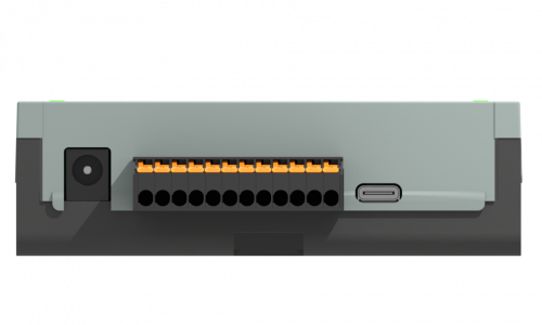 mios-hardware-anschluss-back Seitenansicht des M!OS Gerätes mit Stecker, Netzanschluss und USBC-Anschluss