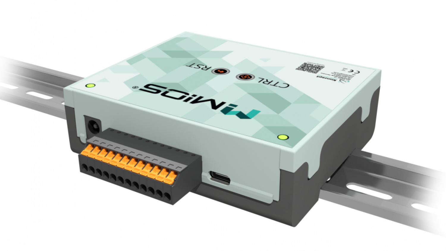 M!OS Hardware auf Hutschinenmodul von schräg oben fotografiert, so das mehr von der Rückseite und dem stecker zu sehen ist.