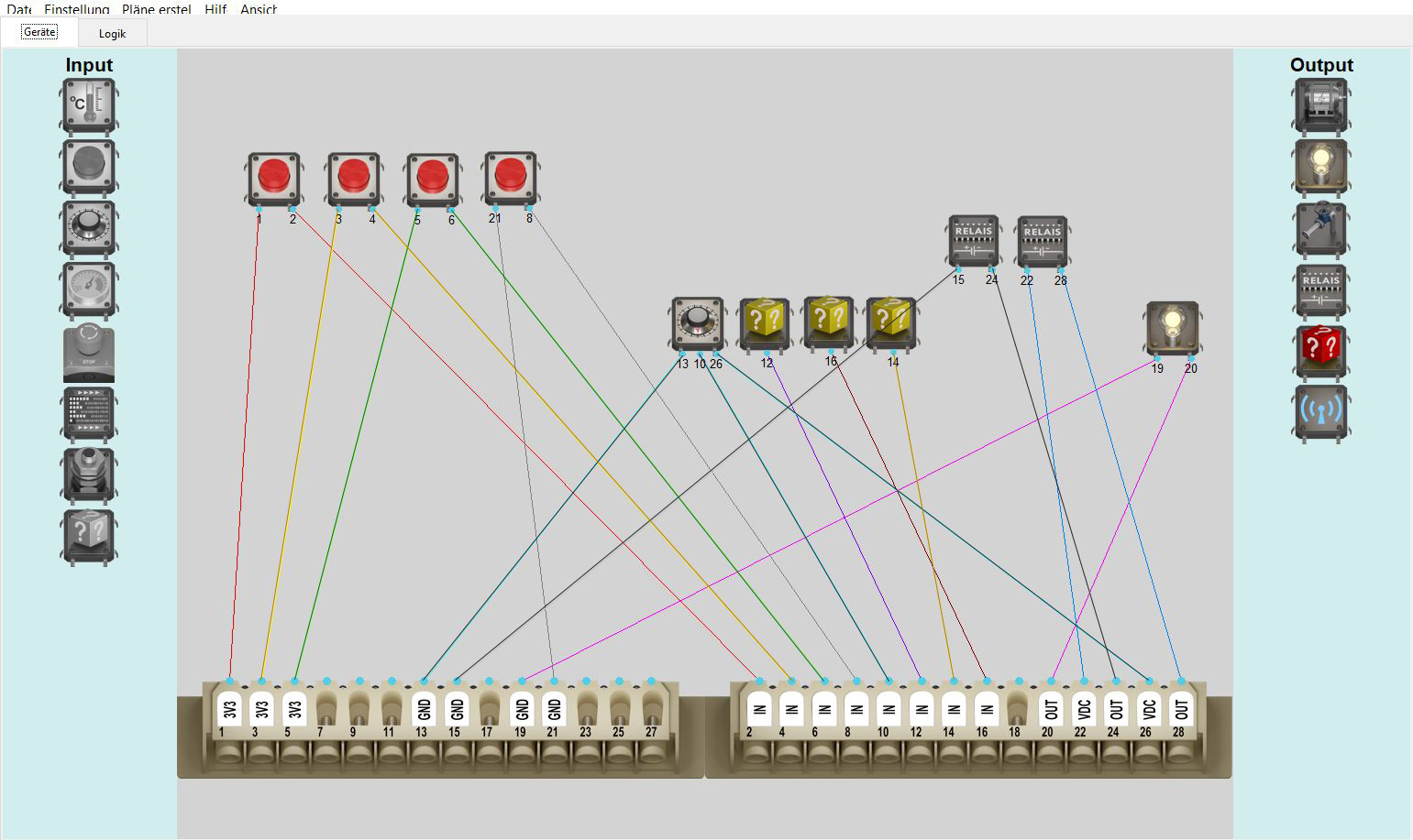 Oberfläche der M!OS-CT Software die alle benötigten Komponenten der Automatisierung inklusive der richtigen Pinbelegung darstellt.