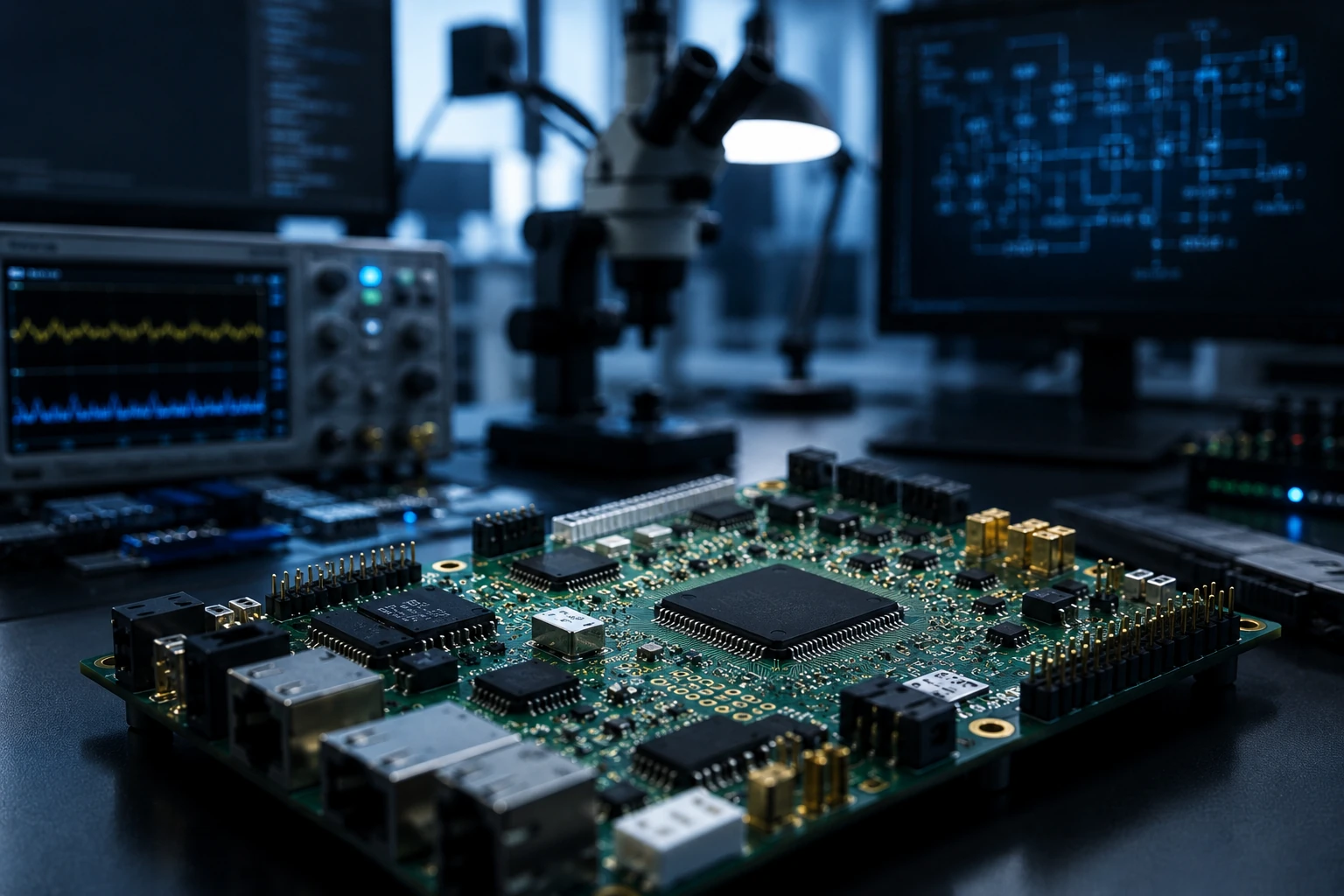 Embedded-Komplettlösungen aus einer Hand Embedded-Entwicklungsplattform mit Mikrocontroller und Leiterplatte als Symbol für ganzheitliche Embedded-Softwareentwicklung – von Firmware und Treibern bis zur Systemintegration.