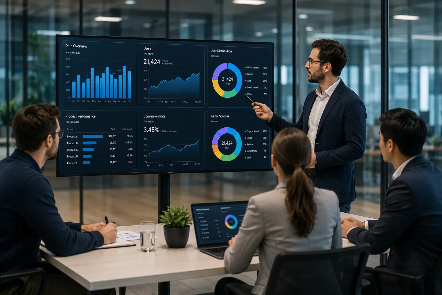 KI-Datenanalyse Business-Dashboard Fachkraft betrachtet ein Business-Dashboard mit Kennzahlen und Diagrammen als Sinnbild für KI-gestützte Datenanalyse