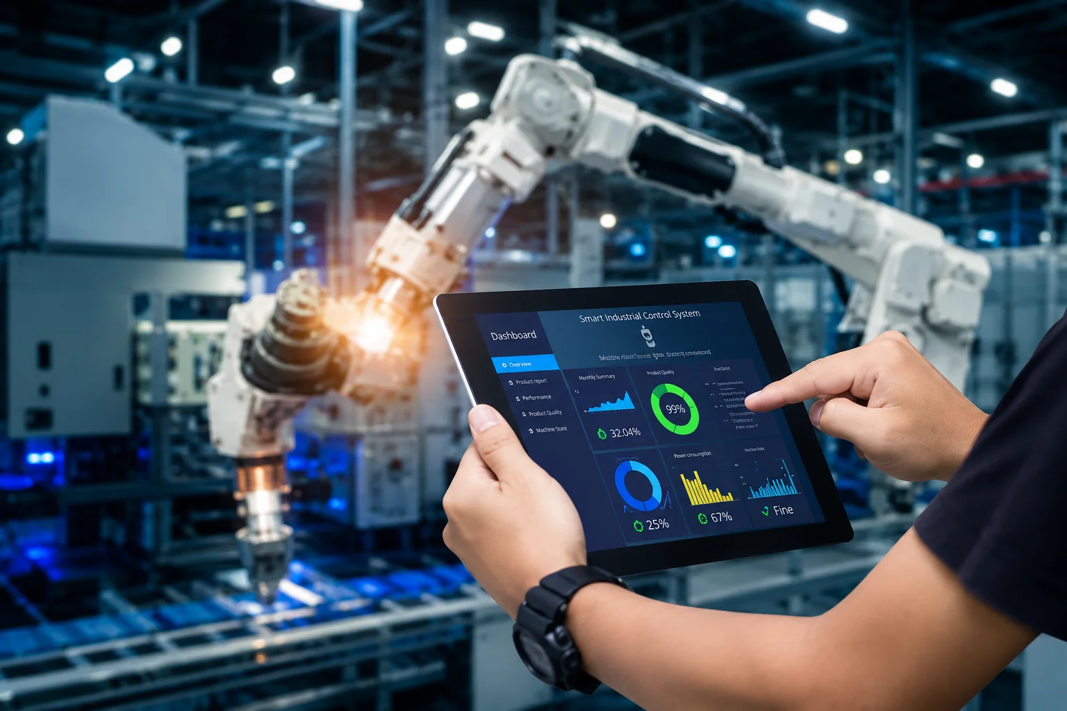 KI-Prozessautomatisierung in der Industrie Roboterarm und Touchscreen-Bedienung in einer Industrieanlage als Sinnbild für KI-gestützte Prozessautomatisierung in der Fertigung