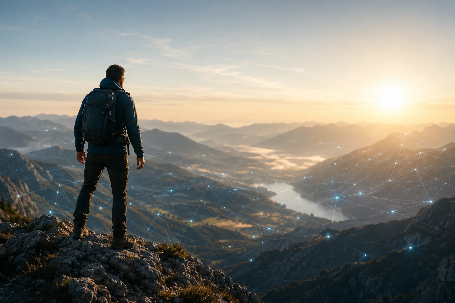 KI-Strategie und digitale Transformation Bergsteiger blickt über eine mit Datenpunkten vernetzte Naturlandschaft als Sinnbild für KI-Strategie und digitale Transformation