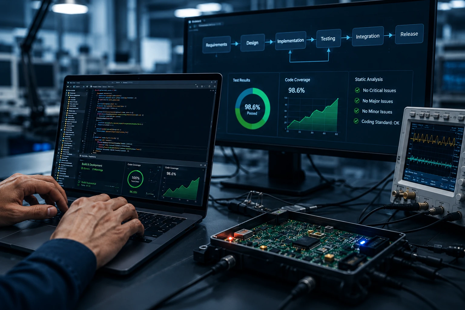 Qualität als Prinzip – von Anfang an mitgedacht Embedded-Entwickler validiert Software mit Codeanalyse, Test-Dashboard, Messhardware und Zielsystem für eine zuverlässige und qualitativ hochwertige Embedded-Softwareentwicklung.